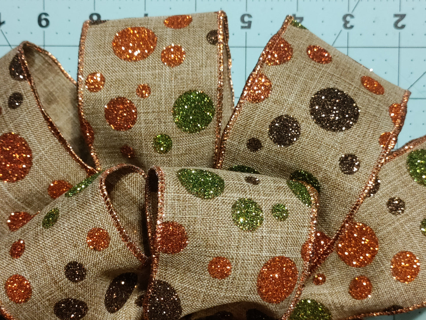 Burlap Bow with Green, Burnt Orange, and Brown Polka Dots