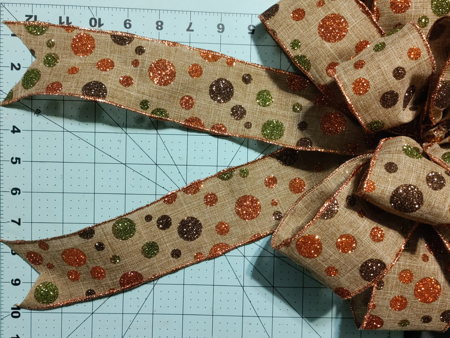Burlap Bow with Green, Burnt Orange, and Brown Polka Dots