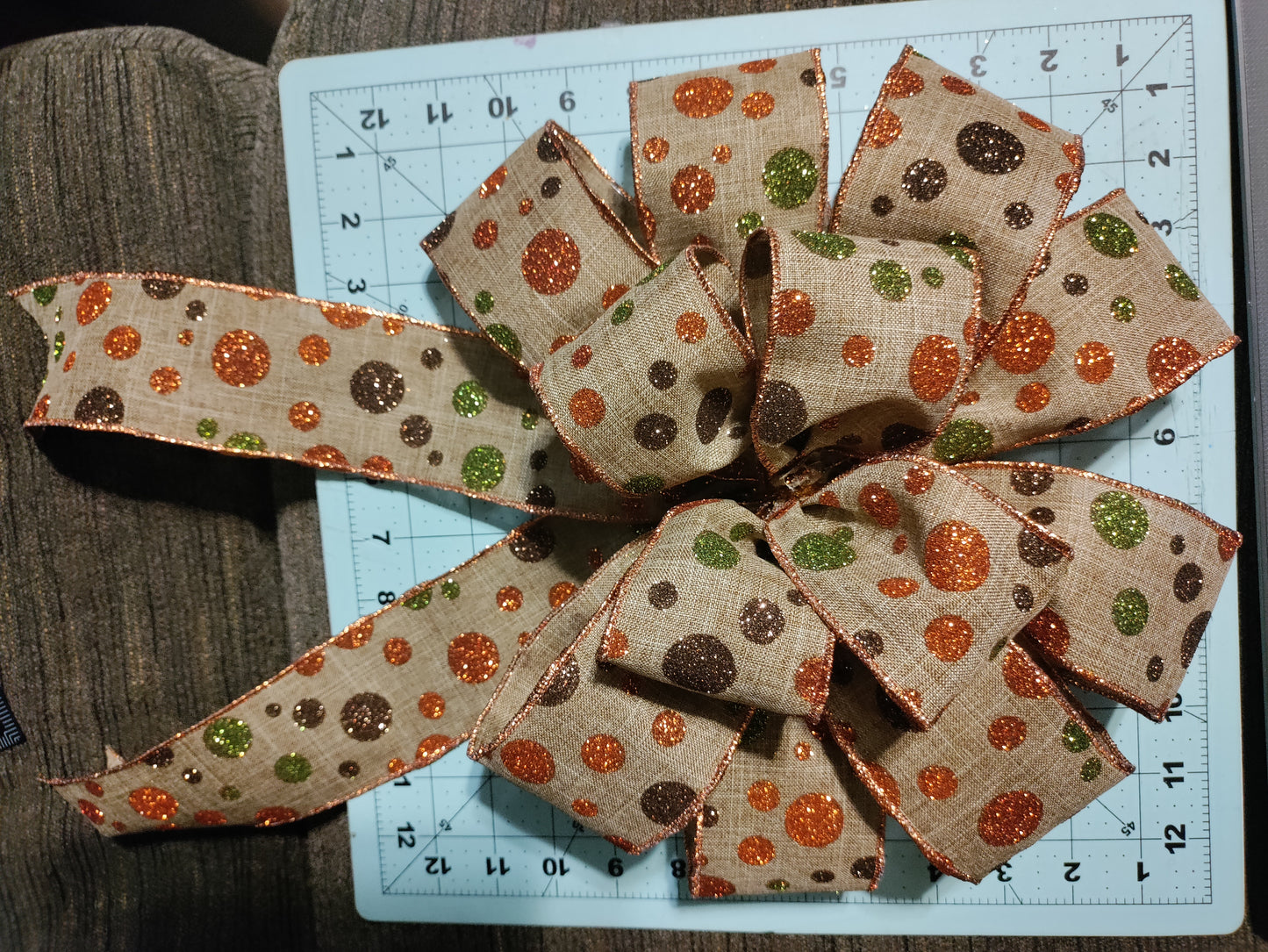 Burlap Bow with Green, Burnt Orange, and Brown Polka Dots