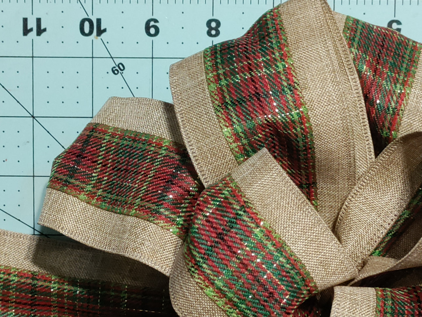 Burlap Bow with Green, Red, and Black Stripes