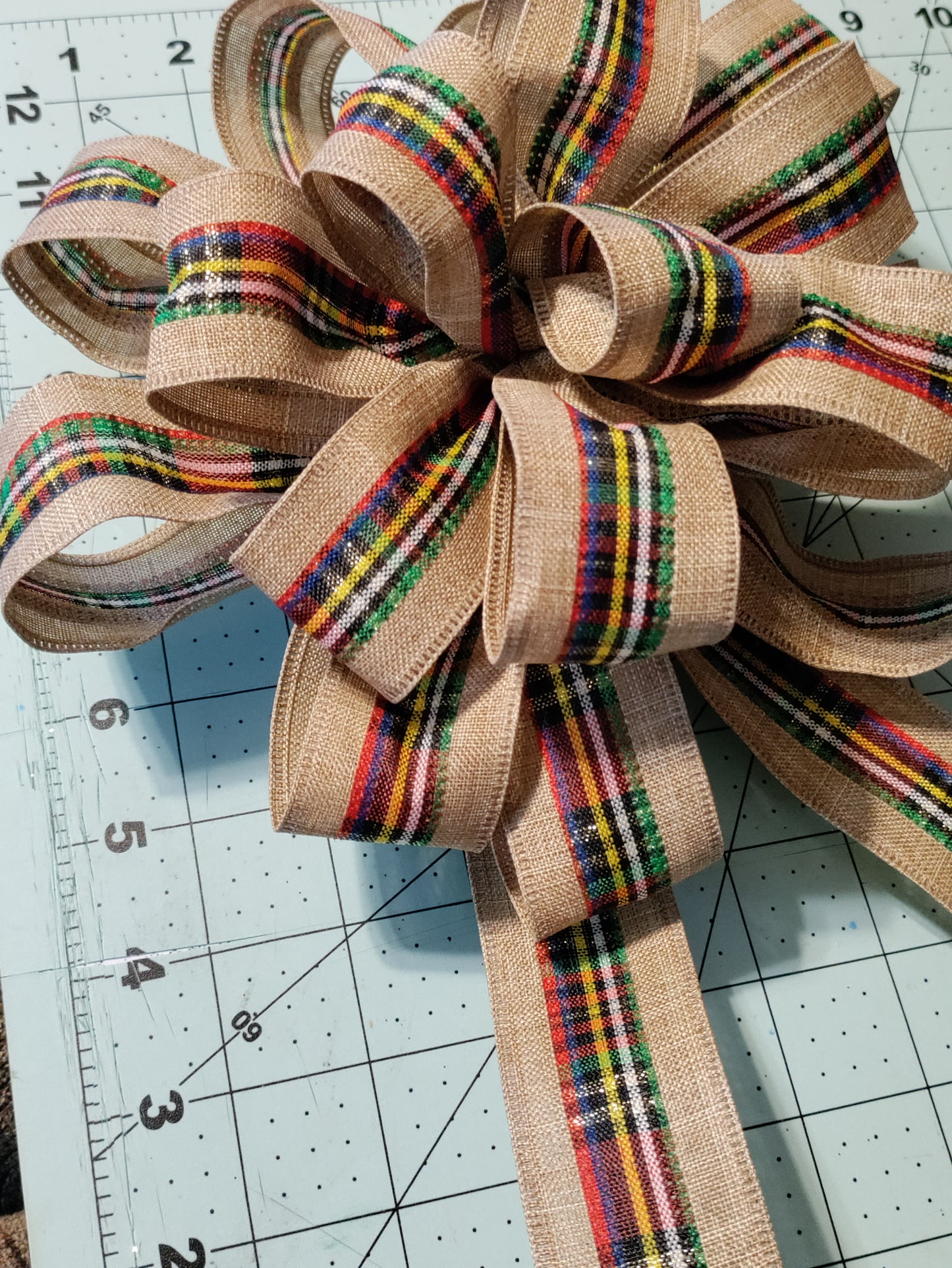 Burlap Bow with Green, Red, and Black Stripes