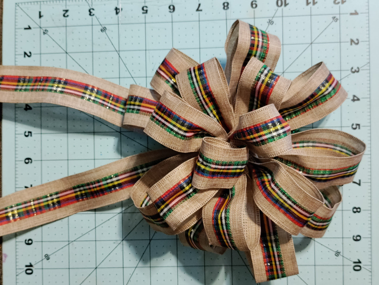 Burlap Bow with Green, Red, and Black Stripes