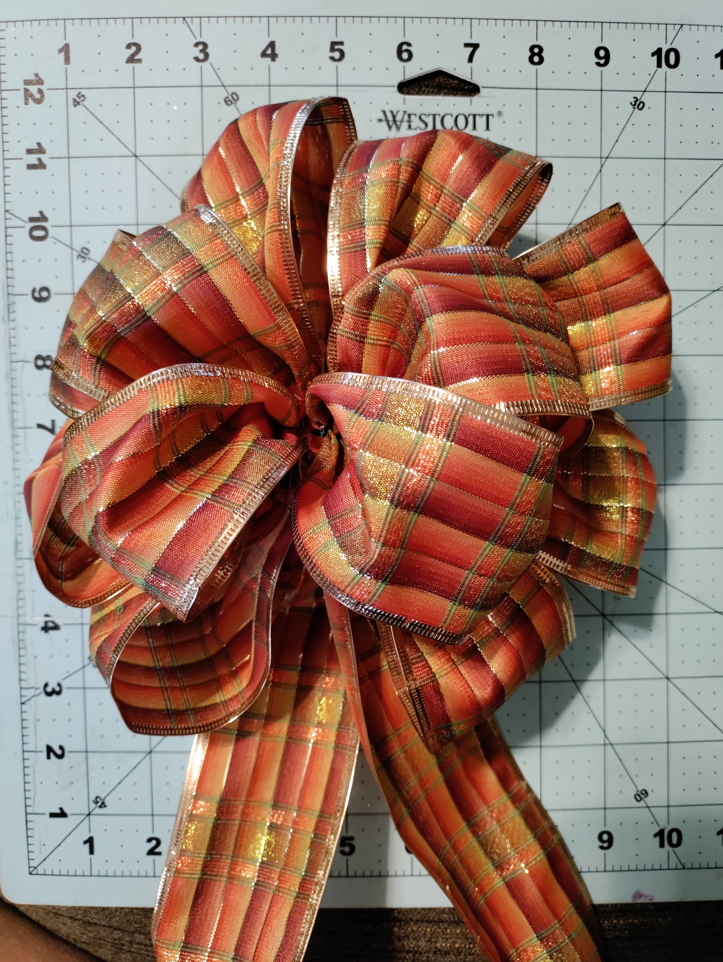 Burnt Orange, Brown, and Gold Plaid Bow with a Tail