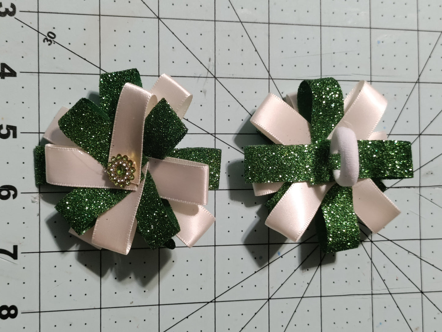 White and Green Glitter Hair Bow