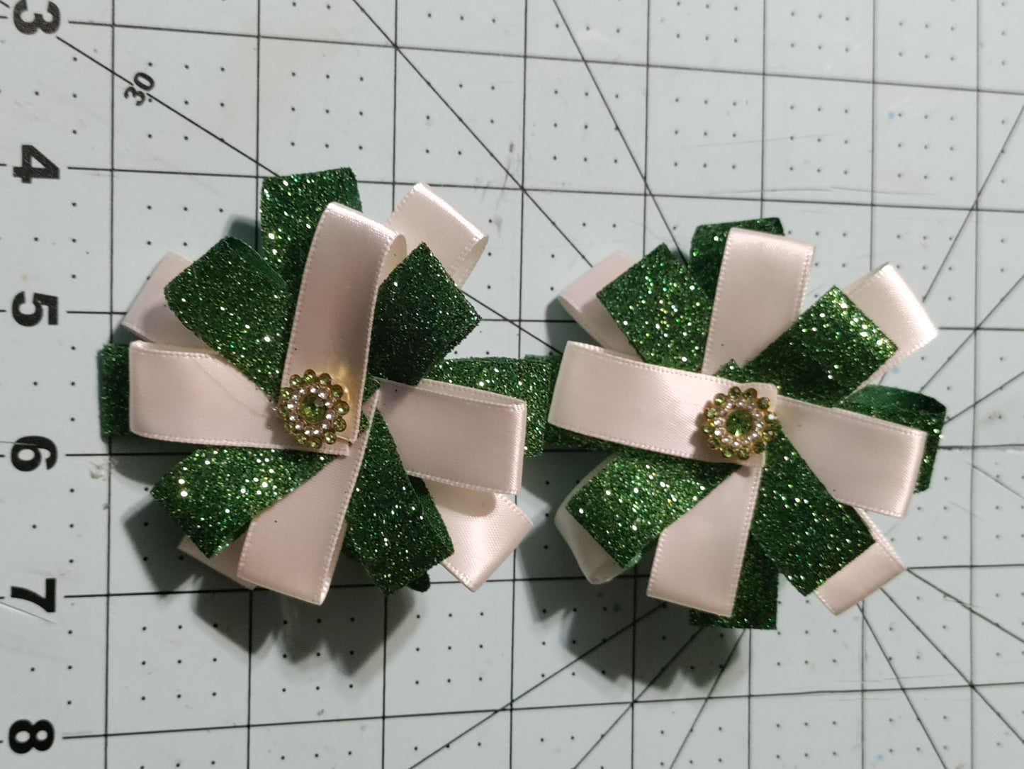 White and Green Glitter Hair Bow