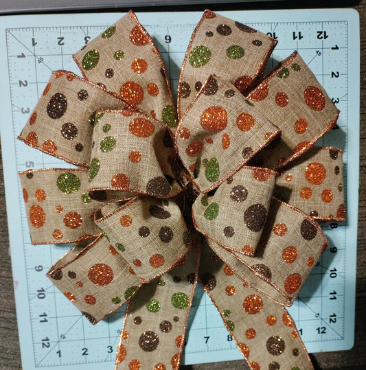 Burlap Bow with Green, Burnt Orange, and Brown Polka Dots