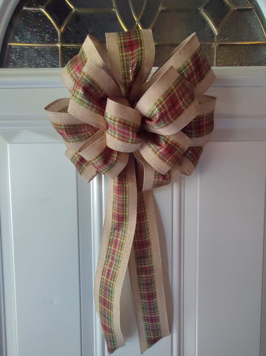 Burlap Bow with Green, Red, and Black Stripes
