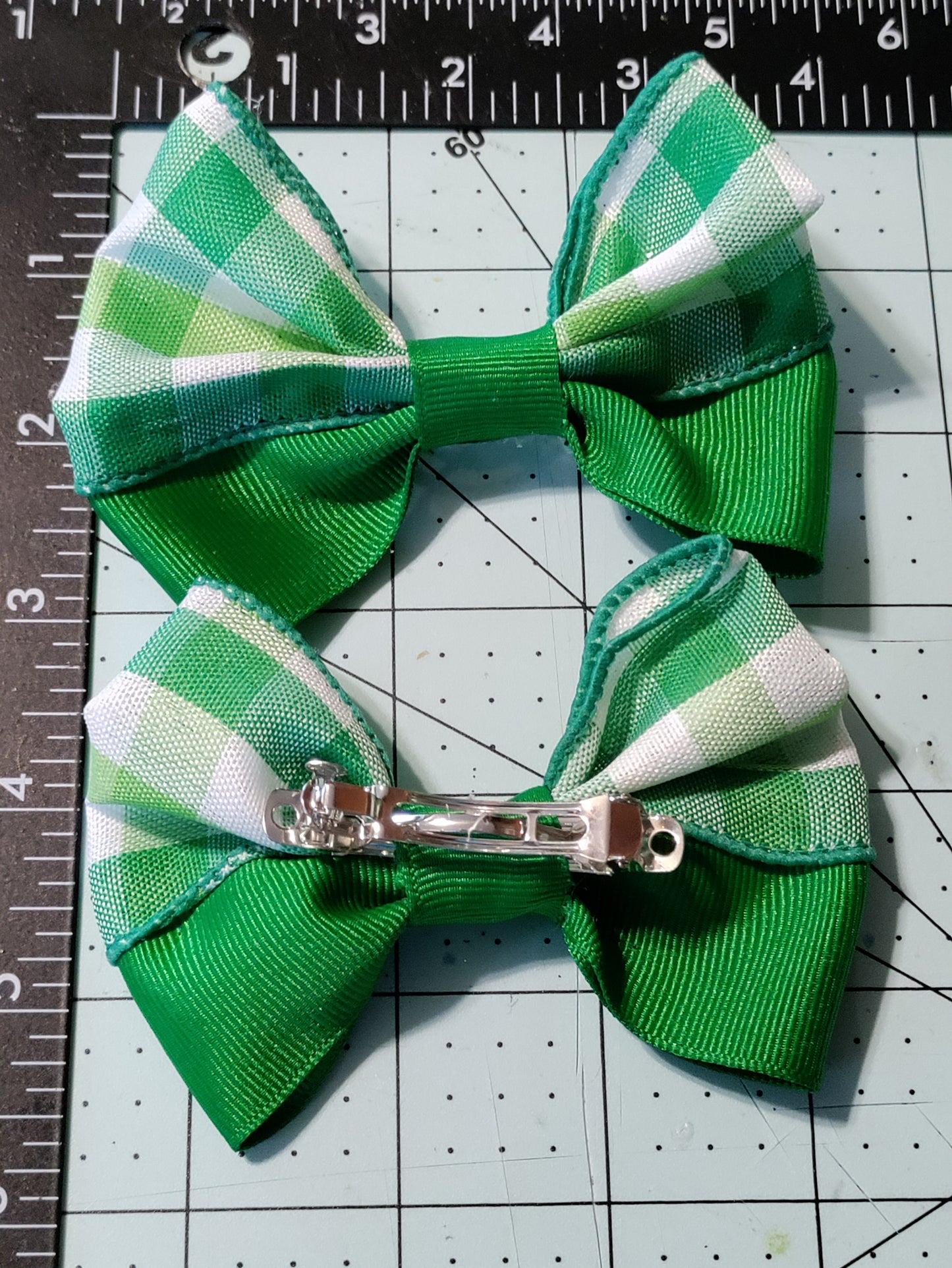 Green and White Plaid Hair Bow