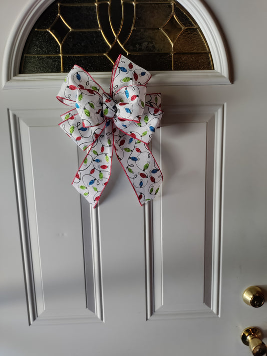 White Bow with Green, Red, and Blue Light Bulbs