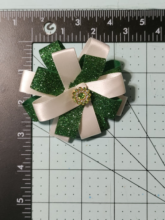 White and Green Glitter Hair Bow