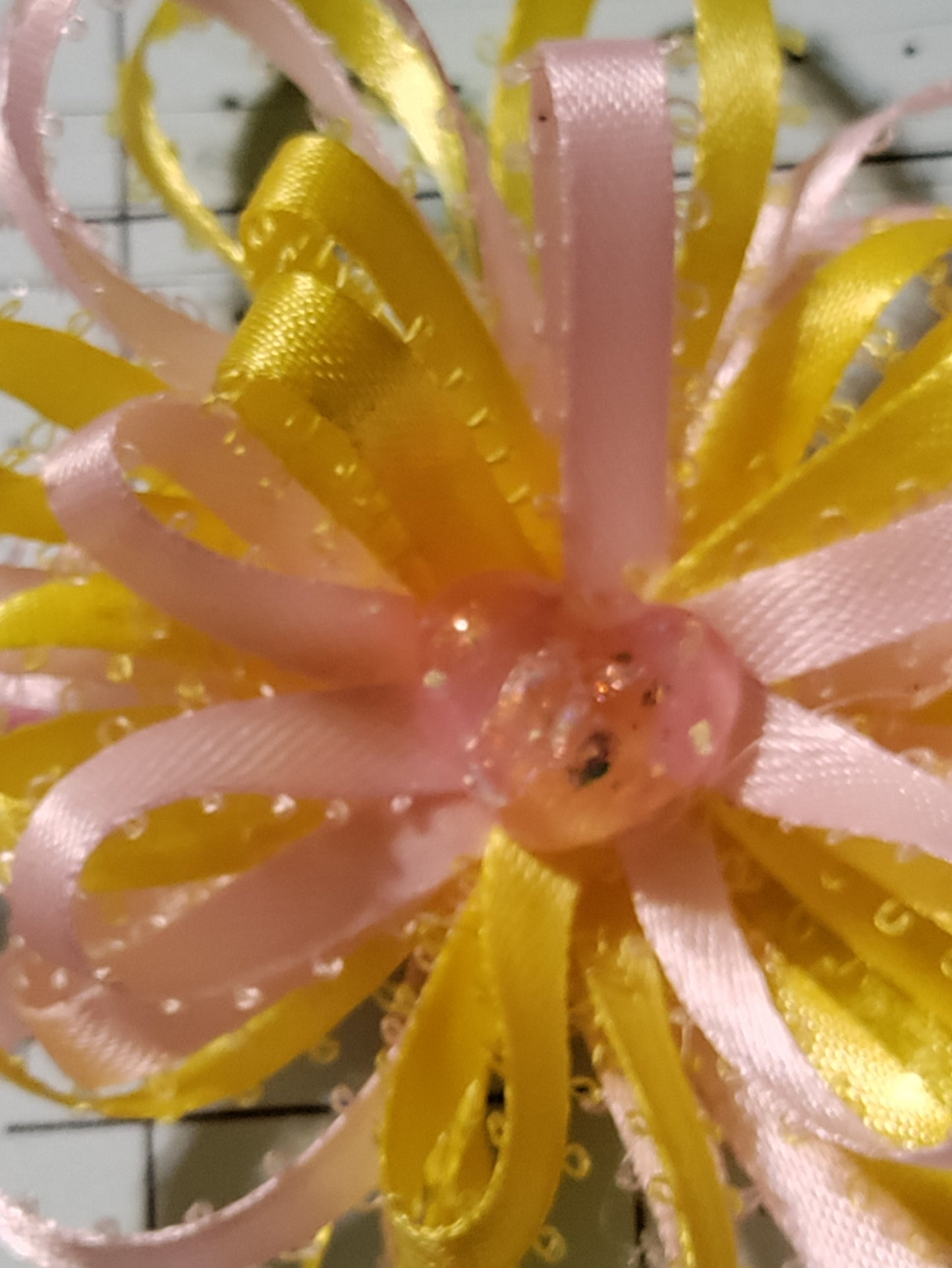 Yellow and Pink Pom Pom Hair Bow
