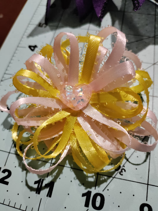 Yellow and Pink Pom Pom Hair Bow